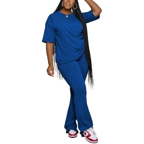 PINSV Women 2 Piece Outfits Short Sleeve Top and Flare Pants Lounge Sets Tracksuit