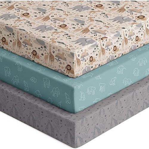 Baby Crib Sheets for Boys Girls, Fitted Crib Sheet Neutral 3 Pack for Standard Crib and Toddler Mattress, Breathable Soft Microfiber Baby Sheet 28x52x8in Elephant