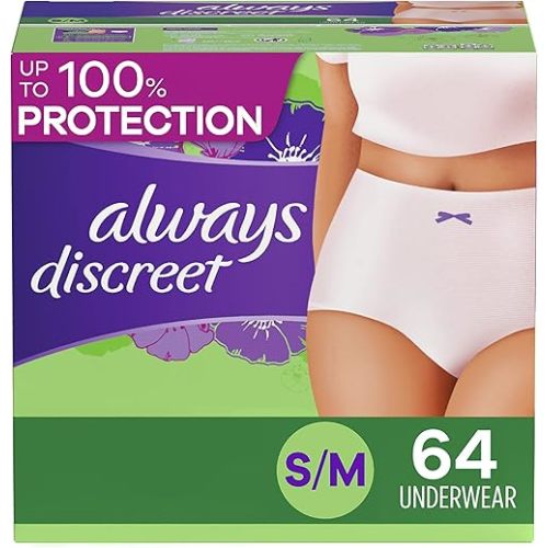 Always Discreet, Incontinence & Postpartum Underwear For Women, Maximum Protection, Small/Medium, 64 Total Count (2 Packs of 32 Count)