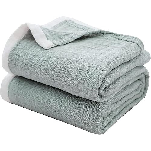 SE SOFTEXLY Cotton Muslin Blankets 4-Layer Blue Blankets for Bed Couch,Thermal Blanket for Adults Lightweight Soft Breathable Throw Blanket for All Season Gauze Blanket(90"x 102",Sage Green)
