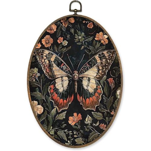 LKETW Vintage Butterfly Floral Oval Wall Art Decor, William Morris Cottagecore Butterfly Botanical Oval Canvas Hanging Decor, Moth Flower Wall Decorations for Home Bedroom Living Room, 8.6x11.4 Inch