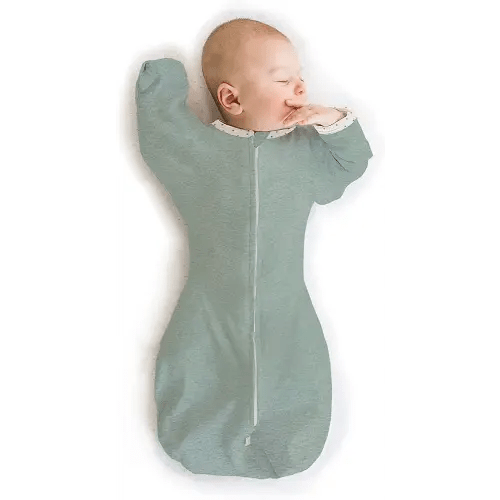 SwaddleDesigns Transitional Swaddle Sack with Arms Up Half-Length Sleeves and Mitten Cuffs, Heathered Jadeite with Polka Dot Trim, Medium, 3-6 Mo, 14-21 lbs (Better Sleep, Easy Swaddle Transition)