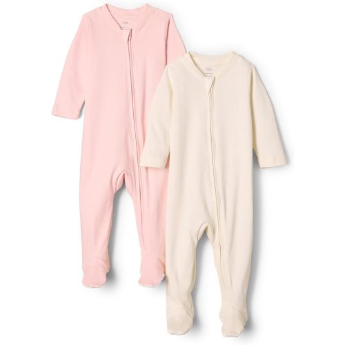 Amazon Essentials x Sofia Grainge Unisex Babies' Cotton Footed Sleep and Play One-piece Bodysuit, Pack of 2, Ivory/Pink, 3-6 Months