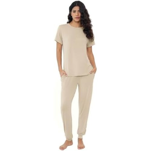 Joyaria Women Cooling Breathable Pajama Bamboo Viscose Soft Sleepwear Short Sleeve Lounge Jogger Set Moisture Wicking