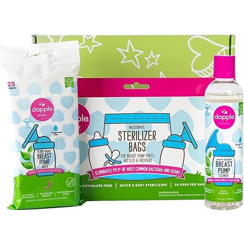 Dapple Breast Pump Cleaning Essentials Gift Set, Hypoallergenic & Powered by Plants, Removes Milk Residue, Leaves No Taste, 25ct Wipes, 8oz Soap 8ct Sterilizer Bags