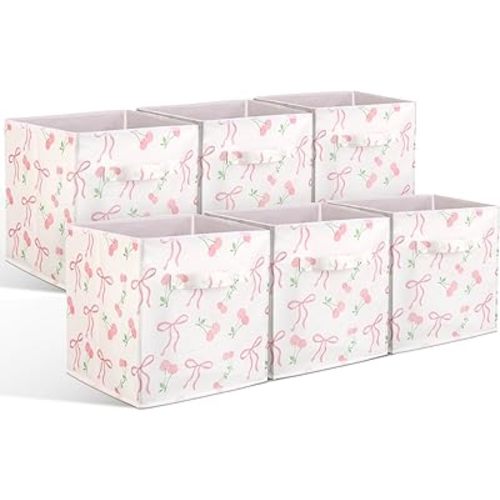 Geelin 6 Pcs Pink Bow Cherry Cube Storage Bins 11 Inch Storage Basket with Handle, Preppy Girls Organizer Basket, Collapsible Fabric Box for Classroom Bedrooms Office Home Decoration Gift