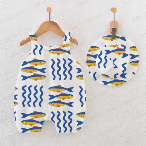 Baby White Sardines Print Romper with Hat