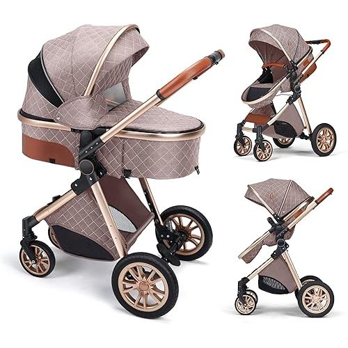 3 in 1 Baby Travel System Infant Baby Stroller Pushchair High Landscape Reversible Foldable Portable Stroller Newborn Pram Reclining Baby Carriage (2in1 Brown)