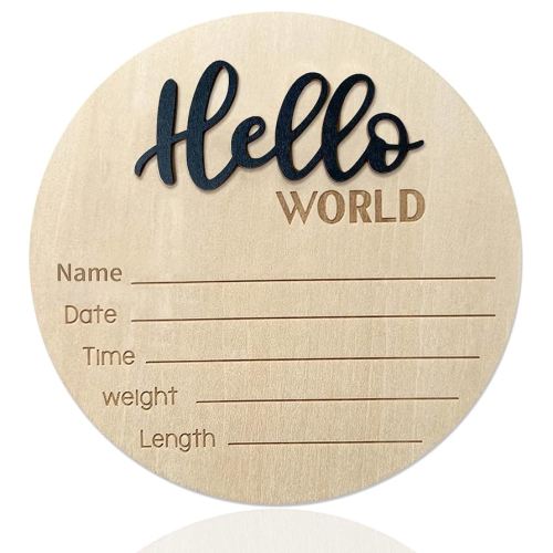 Baby Announcement Sign, ​5.9 Inch Wooden Hello World Newborn Signs, Birth Announcement Sign, Baby Shower Hospital Nursery for Newborn Boys and Girls (Black)