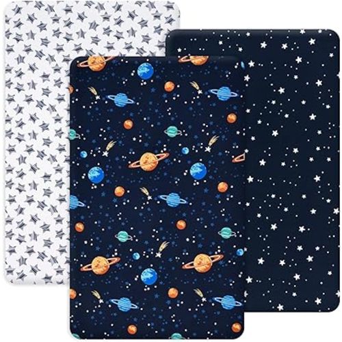 PHF 3 Pack Soft Mini Crib Sheets, Space Silky Pack N Play Sheets for Baby Boys Girls Neutral, Universal Fit for Pack N Play, Playard, Portable and Mini Crib Mattresses, Space