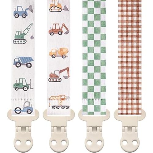 Stadela Baby Fabric Pacifier Clip Holder, Plastic Clip, 4‑Pack, Construction Pattern, Otto Set