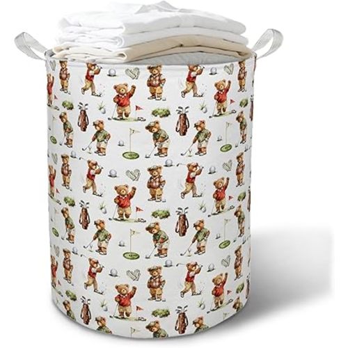 Golf Teddy Bear Nursery Laundry Basket Hamper,Golfing Lover Golfer Gifts Foldable Clothes Toys Books Storage Box Bins Baskets Organizer for Kids Boys Room Nursery Playroom Bathroom
