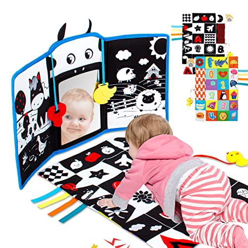 Teytoy Tummy Time Mirror & Mat - Newborn Toys (0-3 Months), Black & White High Contrast Pattern, Baby Teether & Sensory Development Toys