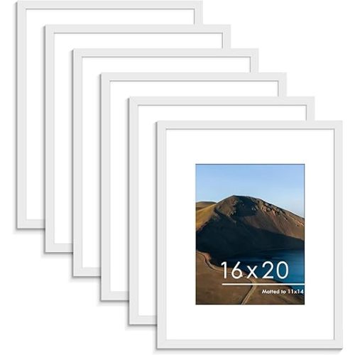 PEALSN 16x20 Picture Frame Set of 6, Display Pictures 11 x 14 with Mat or 16 x 20 Without Mat for Wall Mounting Display, Poster Frames Collage for Wall Decor, White