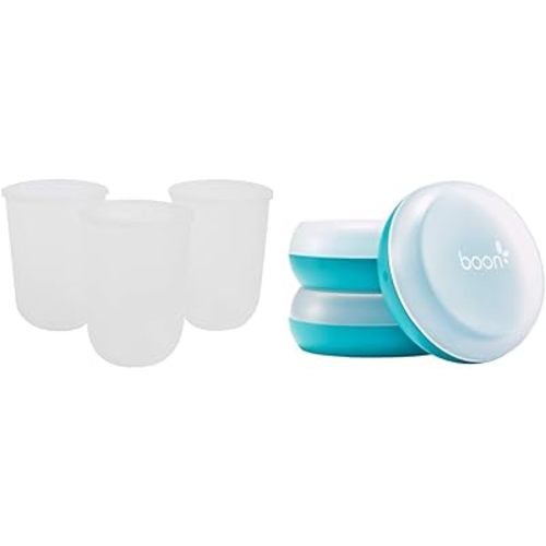 Boon Nursh Reusable Replacement Pouch with Collapsible Silicone Pouch Design Gray - 8 Oz & Nursh Baby Bottle Storage Buns - Baby Bottle Holder for Nursh Baby Bottles Blue and White - 3 Count