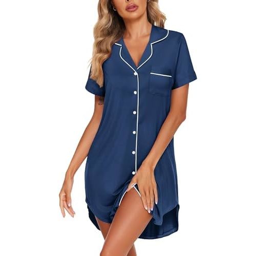 Ekouaer Womens Nightgown Button Down Sleepshirts Short Sleeve Sleepwear Boyfriend Nightshirts Pajama Dress