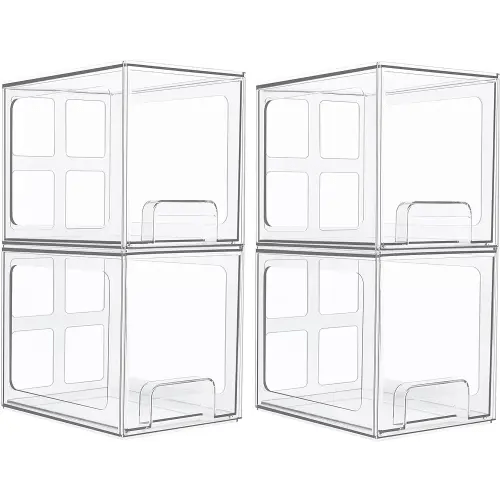 Vtopmart 4 Pack Stackable Storage Drawers, 6.6''Tall Acrylic Bathroom Makeup Organizers,Clear Plastic Storage Bins For Vanity, Undersink, Kitchen Cabinet,Pantry Organization and Storage