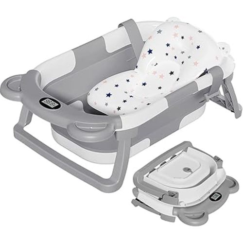 TPN Collapsible Baby Bathtub, Baby Bath Tub with Soft Cushion & Real-Time Thermometer, Baby Bathtub Infant to Toddler Tub (0-36 Months), Portable Travel Baby Tubs for Newborns (Grey)