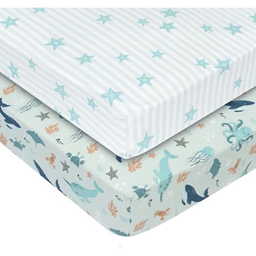 My Little Zone Baby Crib Fitted Sheets Nautical - Nursery Cotton Sheets for Crib - Gender Neutral (Teal and White), 2 Pack - Teal - White