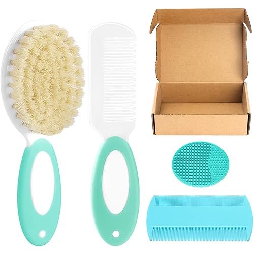 Baby Hair Brush and Comb Set, 4Pcs Baby Soft Bristles Hairbrush Cradle Cap Brush Hair Comb for Newborns Toddlers Boys Girls (Green)