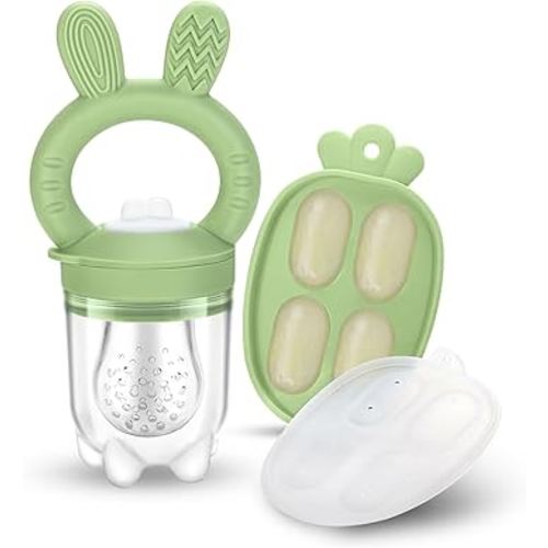 Baby Fruit Food Feeder + Freezer Tray for Batch Prep, Breastmilk Popsicle Molds for Cooling Relief, BPA Free Silicone Feeder to Safely Introduce New Foods, Double as Teething Toys, 4M+ Sage