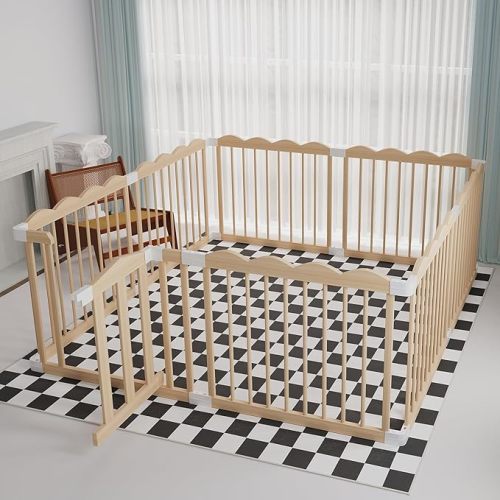 KOCINI Baby Playpen, Wooden Playpen for Babies and Toddlers, Large Adjustable Baby Playpen with Locking Gate, Easy to Assemble, Multiple Shapes,Kids Activity Center(62x70x24 Inch)