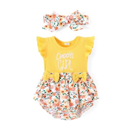 PATPAT Baby Girls Floral Ruffle Short Sleeve Soft Romper with Headband 0-18 Months