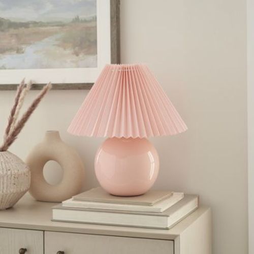 Nourison 13" Pink Ceramic Round Accent Lamp With Pleated Shade