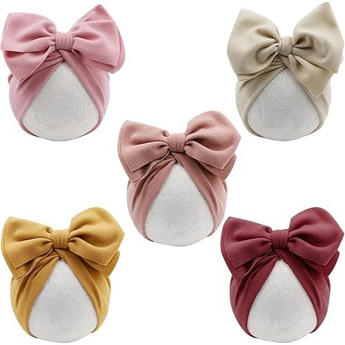 DRESHOW BQUBO 5 PCS Baby Cotton Hats Big Bow Knotted Headwrap Turban Baby Infant Beanie Baby Girl Soft Toddler Cap for Winter