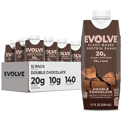 Evolve Plant Based Protein Shake, Double Chocolate, 20g Vegan Protein, Dairy Free, No Artificial Sweeteners, Non-GMO, 10g Fiber, 11 Fl Oz (Pack of 12) - (Formula May Vary)