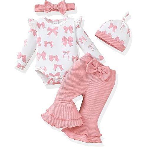 Renotemy Preemie Newborn Baby Girl Clothes Infant Romper Fall Winter Outfits Gifts for Girls Cute Bell Bottoms Pant Sets