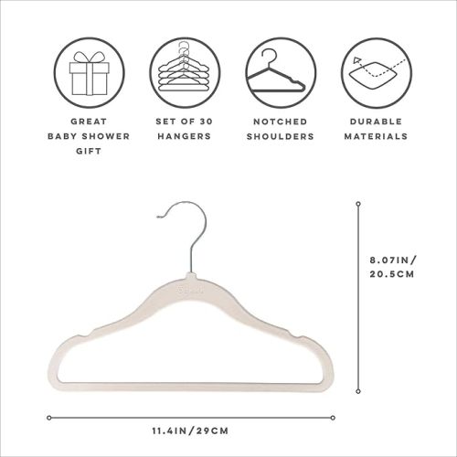 3 Sprouts Velvet Baby Hangers - Non-Slip Hanger for Infant, Toddler, Baby Clothes - Closet Kids Hangers with Slim Design, Nordic Colors, Pack of 30 - Cream