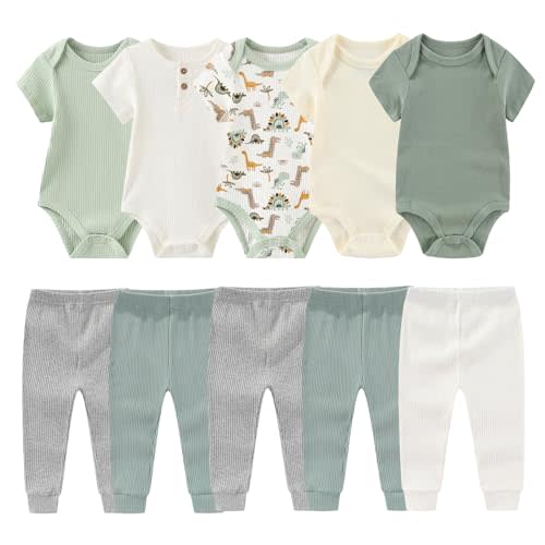 MAMIMAKA Newborn Baby Layette Gift Set 10-Piece Baby Boy Girl Short Sleeve Bodysuits with Pants Infant Outfit Essentials