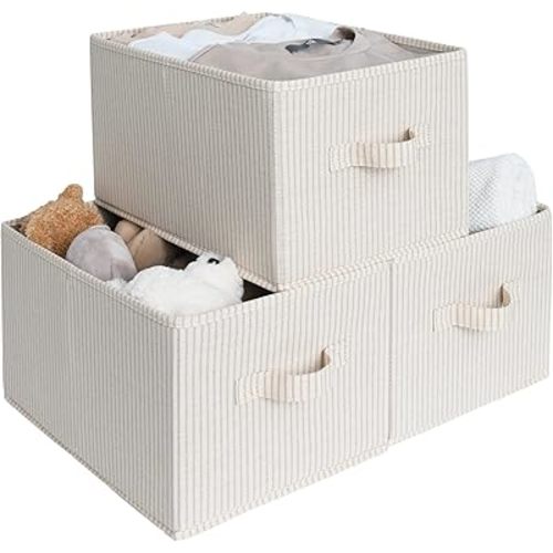 StorageWorks Storage Baskets for Shelves, Foldable Fabric Closet Storage Bins with Handles, Fabric Storage Bins Clothes Organizer, Beige Stripes, 3-Pack, Medium
