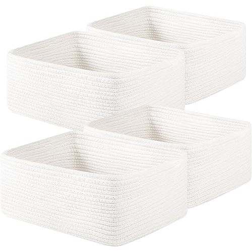 OIAHOMY 4 Pack 14.17 * 11.02 * 6.3IN Storage Baskets for Organizing Shelves, Woven Rope Baskets for Organizing Books, Clothes, Decorative Basket for Living Room, Nursery, Bedroom, Gift Basket, White