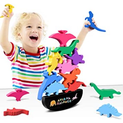 FFTROC Montessori Dinosaur Toys for 2 3 4 Year Old Boys - Wooden Stacking Dinosaur Toys for Kids 2-4 3-5, Toddler Balancing Block Sets