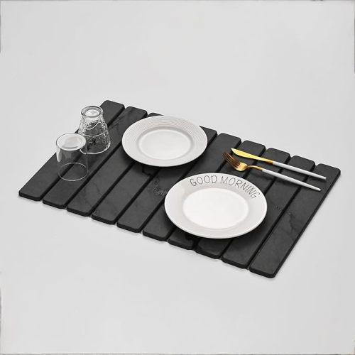 Large Stone Drying Mat for Kitchen Counter, 24''L x 16''W Diatomaceous Earth Collapsible Dish Drying Mat, Quick Drying Mat, Glasses and Flatware, Matches Any Countertop (Veined-B, 24" x 16")