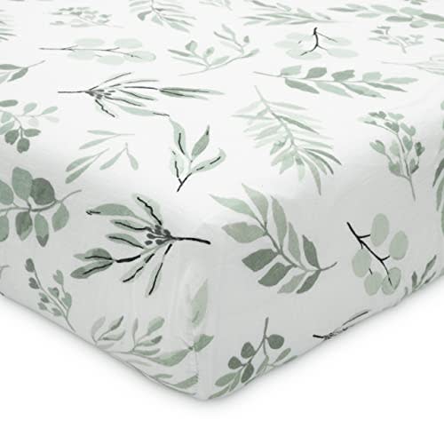 Organic Muslin Fitted Crib Sheet - Organic Crib Sheet for Standard Crib and Toddler Mattresses, Soft and Breathable, Eucalyptus Leaves, 28”x52”