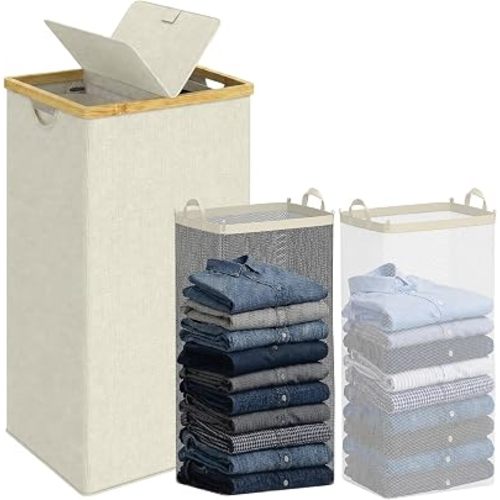 efluky Laundry Hamper with Lid, Double Laundry Basket with 2 Removable Bags, 2 Section Laundry Bin with Bamboo Handles for Bathroom, Bedroom & Laundry Room, 115L (30.4 Gallon) Beige