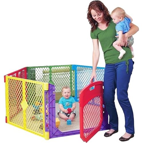 Toddleroo by North States Superyard Colorplay Ultimate 6 Panel Free Standing Play Yard, Indoor Outdoor Baby Playpen, Baby Gate. Made in USA. 5.5 feet corner to corner play pen (26" Tall, Multicolor)