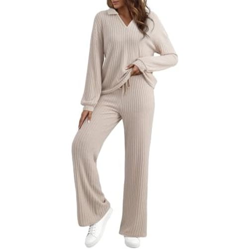 EVALESS Womens Pajama Sets Long Sleeve Sleepwear Matching Drawstring Elastic Pj Pants Ribbed Knit 2 Piece Lounge Set