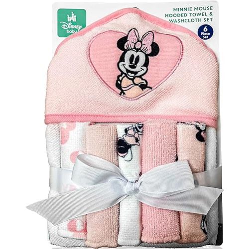 Minnie Mouse Bath Towel Set | Disney Minnie Mouse Hooded Baby Bath Towel | Minnie Hoodie Towels & 5 Wash Cloths | Baby Newborn Essentials | Soft Plush | Pink/White | Officially Licensed