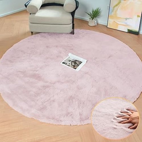 Pink Round Rug 5ft Washable Fluffy Faux Rabbit Fur Area Rugs for Living Room Shag Circle Nursery Rugs for Bedroom Cute Décor