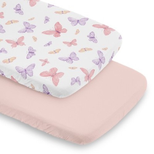 Sweet Jojo Designs Girl Baby Bassinet Fitted Sheets Set Butterfly Blush Pink and Purple 2pc