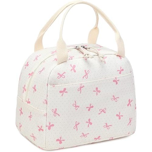 LEDAOU Lunch Box for Women Insulated Lunch Bag Corduroy Lunch Tote Bags Leakproof Cooler Lunch Case for Travel Work Picnic (Pink Bow)
