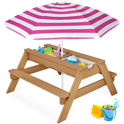 Best Choice Products Kids 3-in-1 Sand & Water Table, Wood Outdoor Convertible Picnic Table w/Umbrella, 2 Trays, Removable Top, 220lb Capacity Per Bench - Natural/Dark Pink