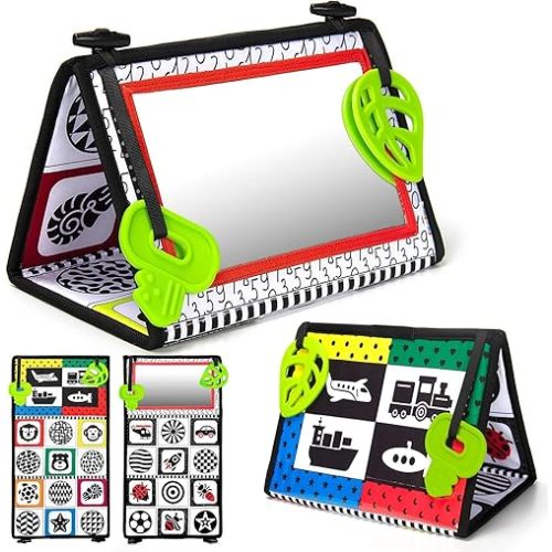 teytoy Tummy Time Baby Mirror Toys with Teethers, Double Black and White High Contrast Baby Toys 0-6 Months, Foldable Floor Sensory Development Toys for Infants Newborn