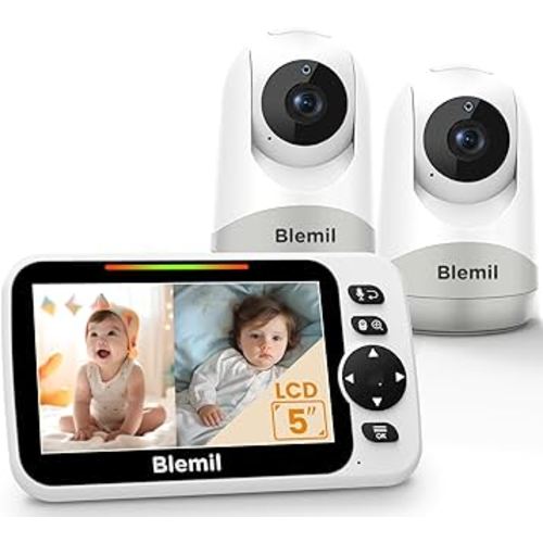 Upgrade Baby Monitor with 30-Hour Battery, 5" Large Split-Screen Video Baby Monitor with 2 Cameras and Audio, Remote Pan/Tilt/Zoom, Two-Way Talk, Room Temperature, Auto Night Vision