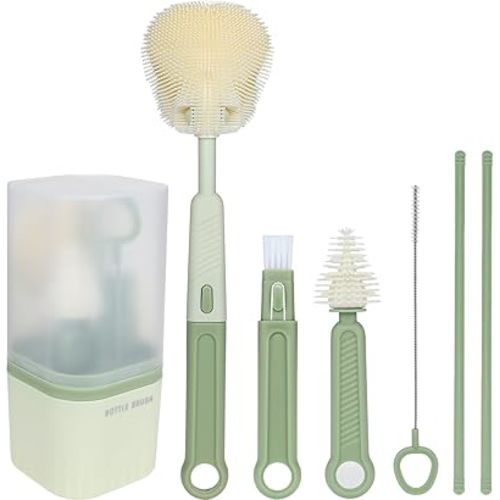 Silicone Baby Bottle Brush Set, Includes Baby Bottle Brush, Nipple Brush, Straw Brush, Spout Brush, Drying Rack and Storage Box, Portable and Travel-Friendly (Flat - Green)