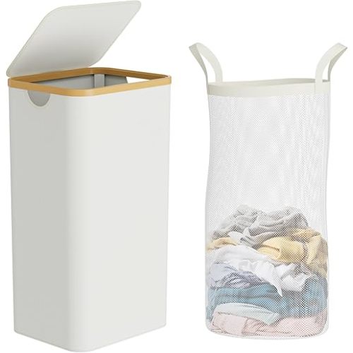 Slim Laundry Hamper with Lid,100L(26.4 Gallon) Beige Narrow Laundry Basket with Removable Bag,Stylish Dirty Clothes Basket for Bathroom,Dorm,Bedroom and Laundry Room
